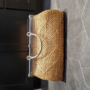 Vintage 1960s Wicker Handbag with Chrome Frame & Large Top Handle 18 Inches